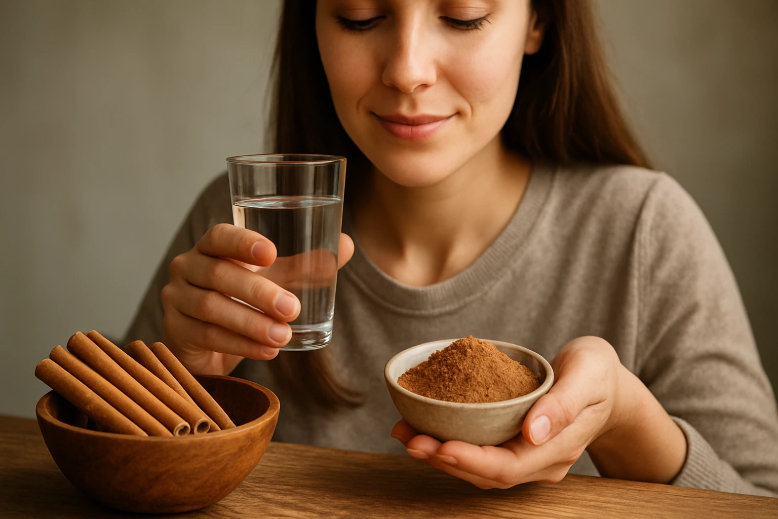 Žena so škoricou a vodou, symbolizuje zdravie a prírodné prostredky.