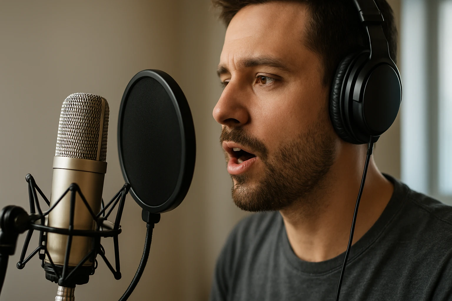 Muž spieva do mikrofónu s slúchadlami, štúdio audio nahrávania.