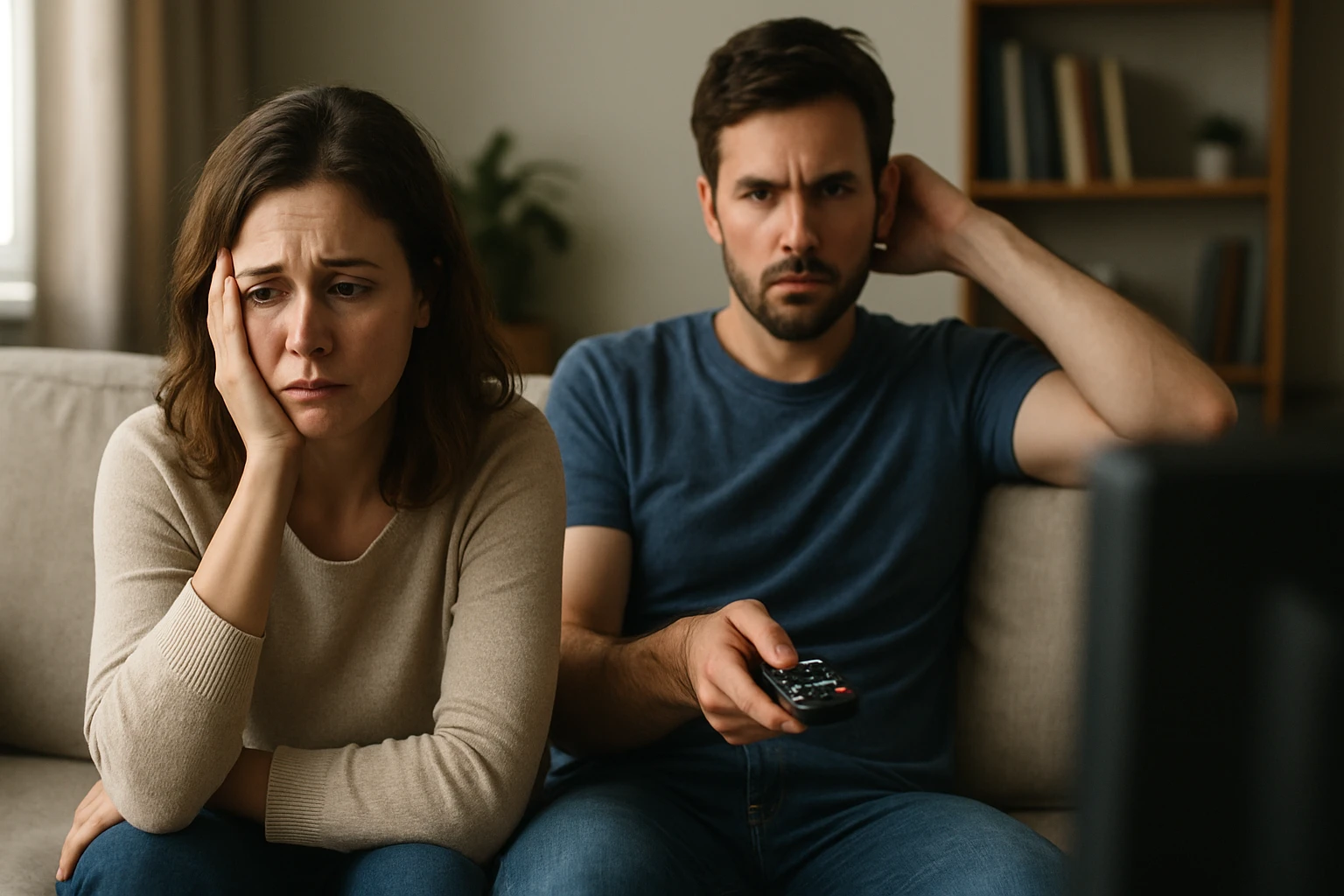 Pár sleduje televíziu s negatívnymi emóciami, chýba im pohoda.