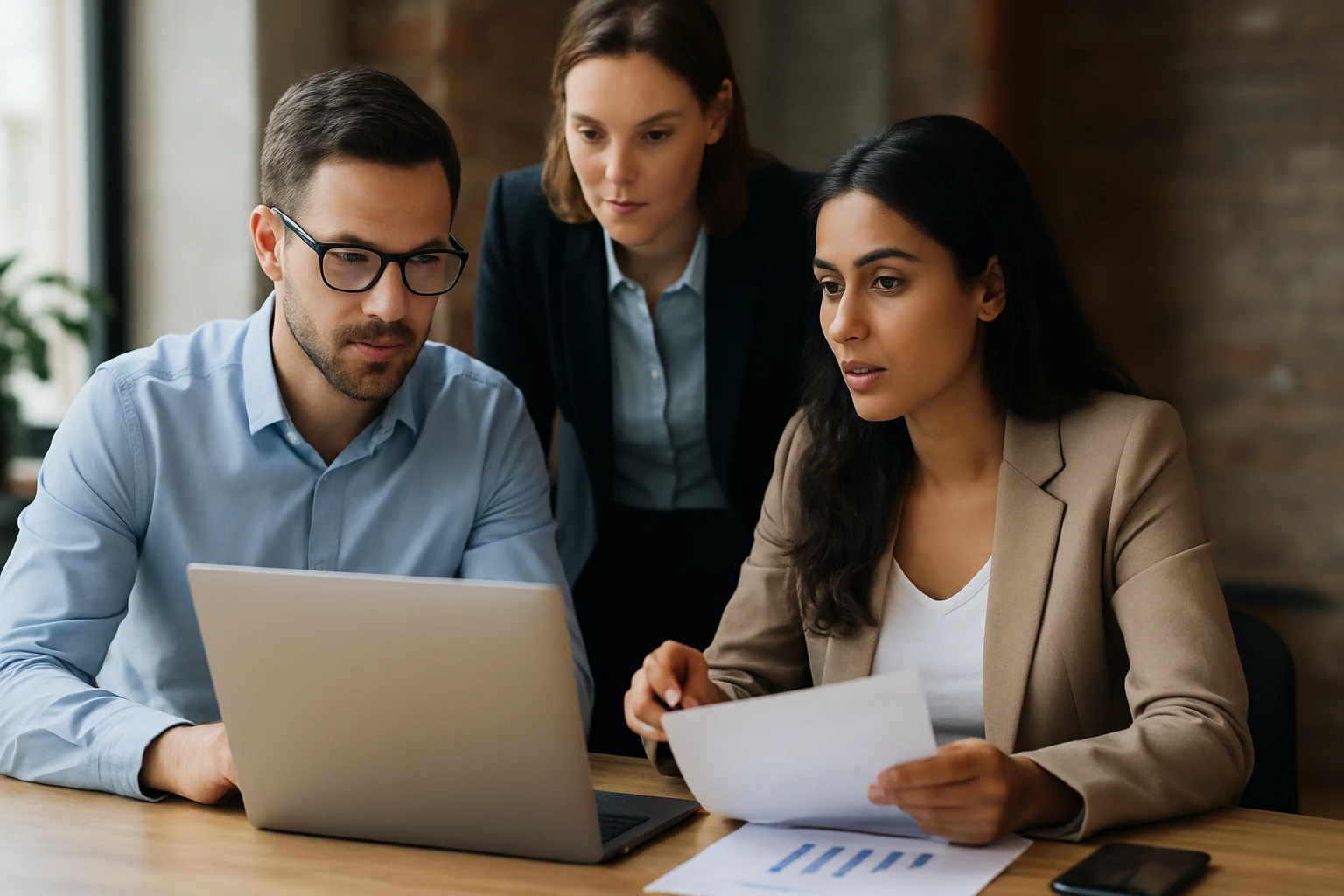 Tím pracovníkov diskutuje o decentralizovanom nákupe pri počítači.