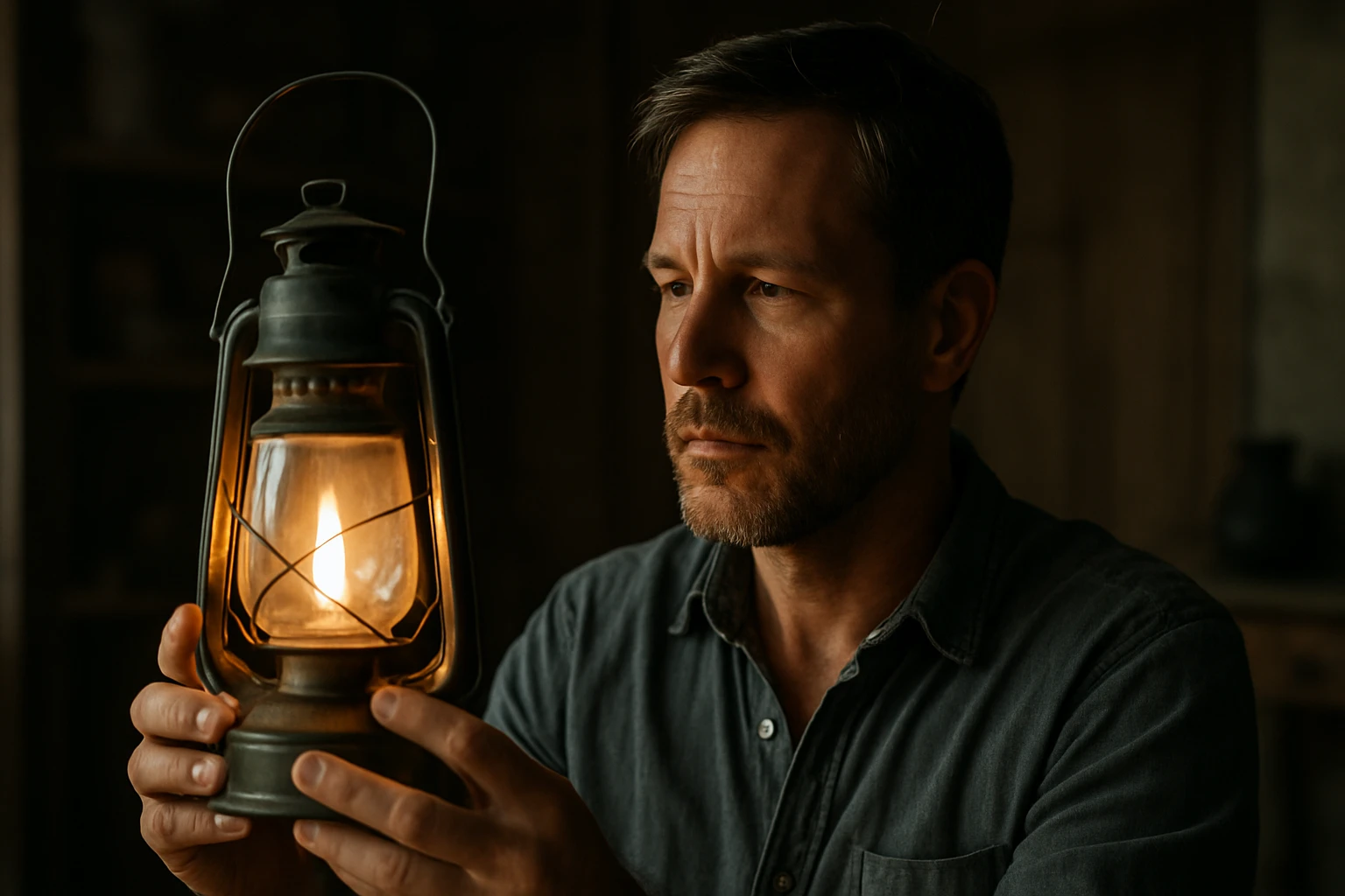 Muž s benzínovou lampou v ruke, ponorený do úvah.