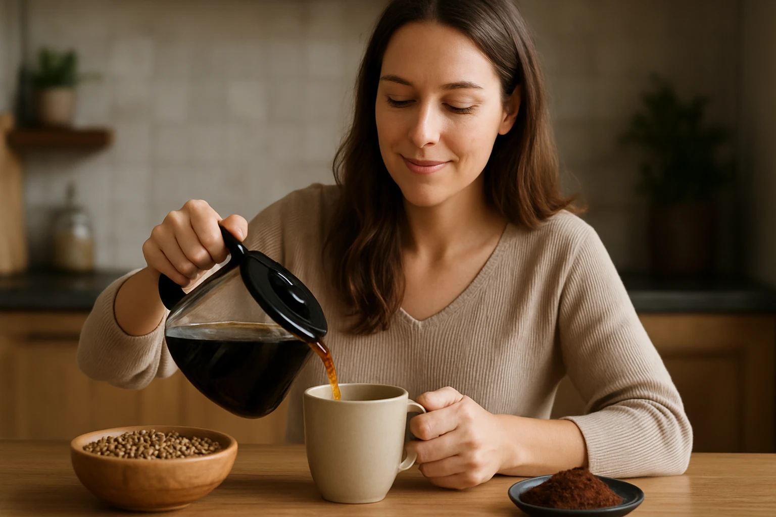 Žena nalieva obilnú kávu do šálky na drevenom stole.