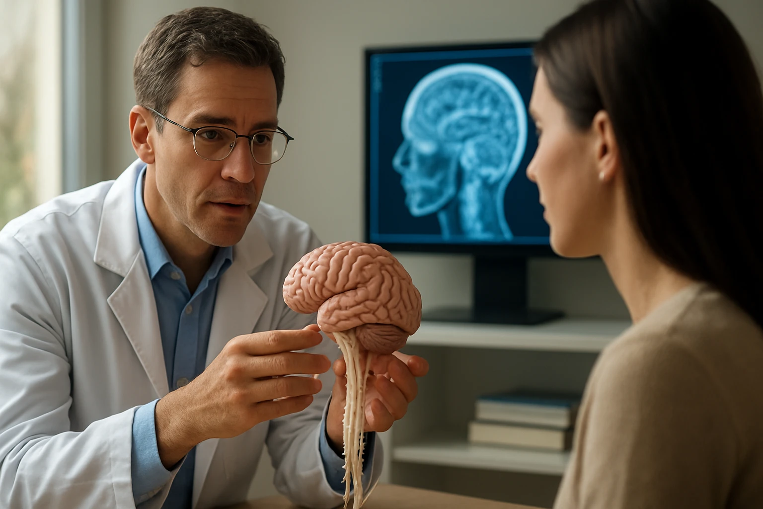 Lekár vysvetľuje štruktúru mozgu pacientke s modelom mozgu.