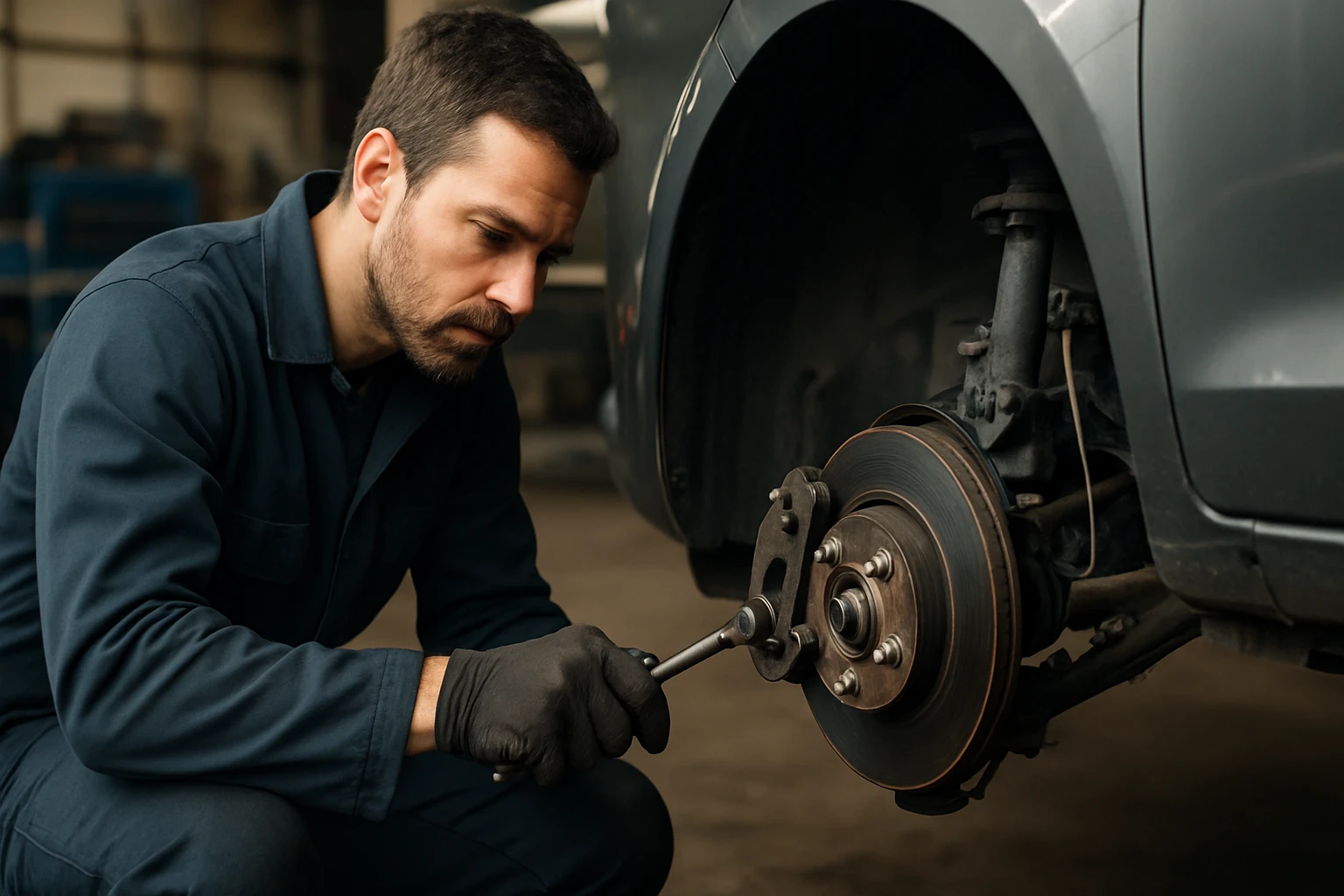 Mechanik kontroluje systém predných kolies moderného auta.