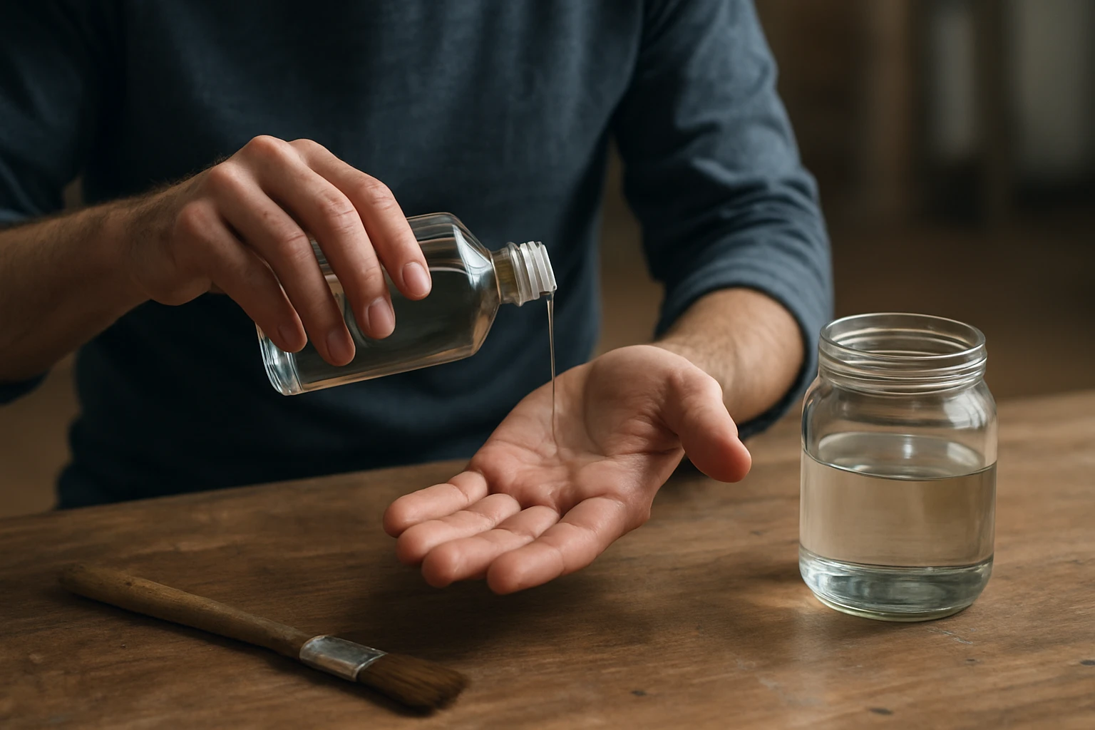 Osoba nalievajúca terpentín do dlane na drevenom stole