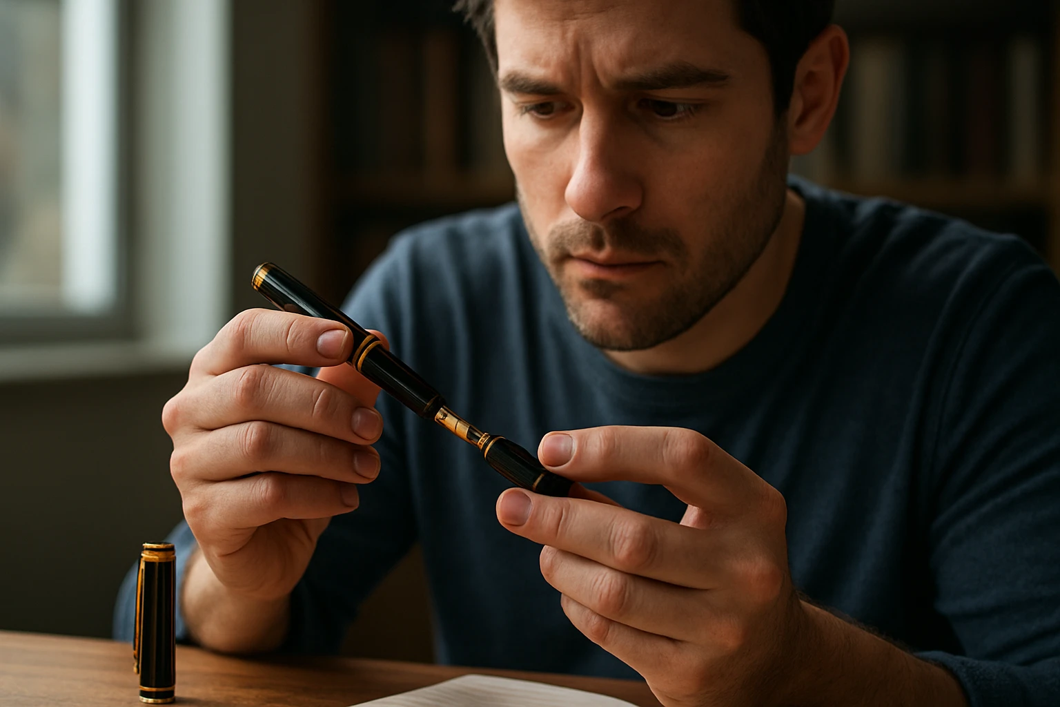 Muž skúma písacie pero so zlatým detailom v interiéri.
