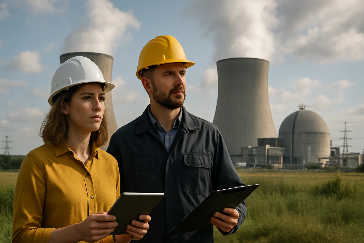 Odborníci na jadrovú energiu pred atómovou elektrárňou, analyzujúci jej výhody.