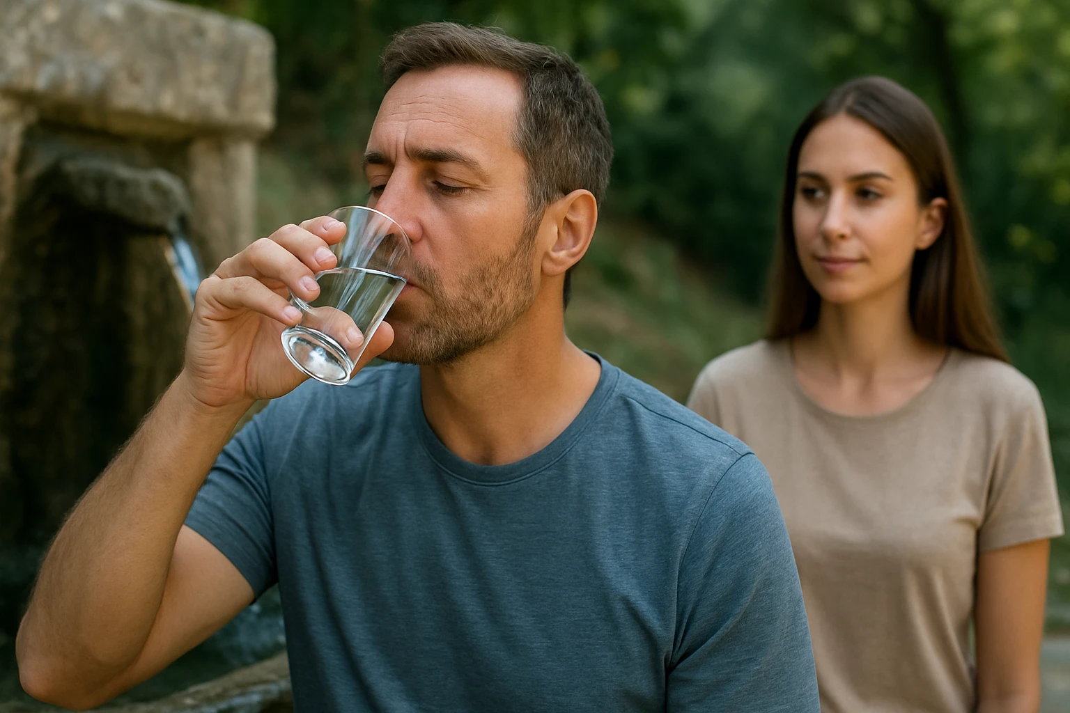 Muž pije veľkátadskú liečivú vodu pri prameni v prírode