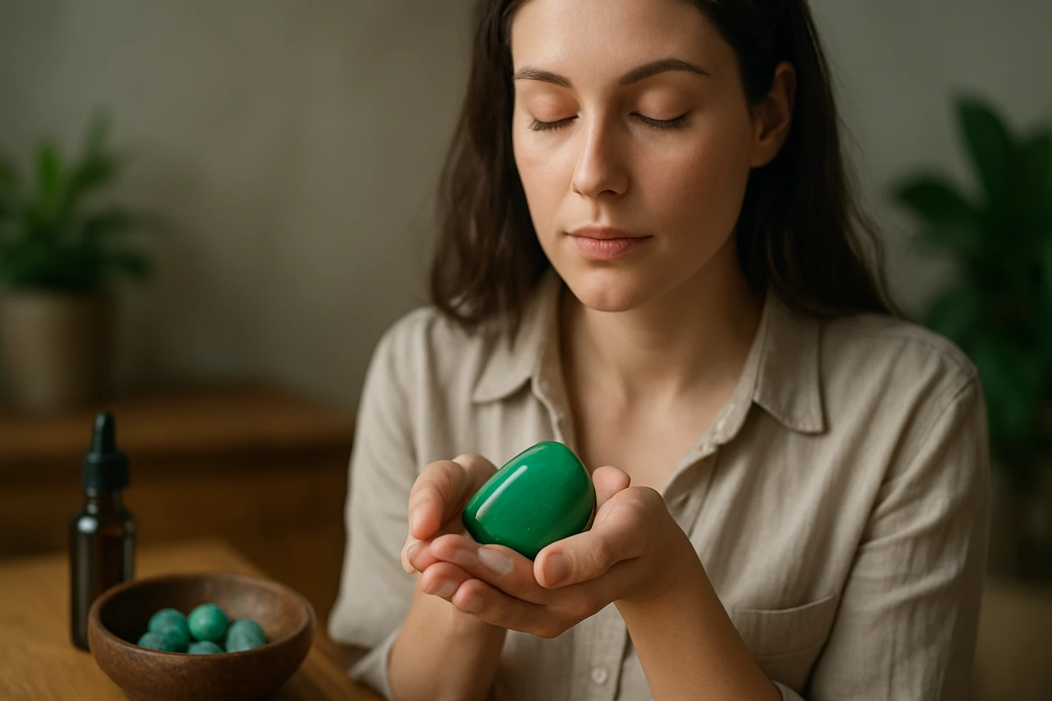 Žena drží chryzoprasový kameň, praktizuje meditáciu pre emocionálnu harmóniu.