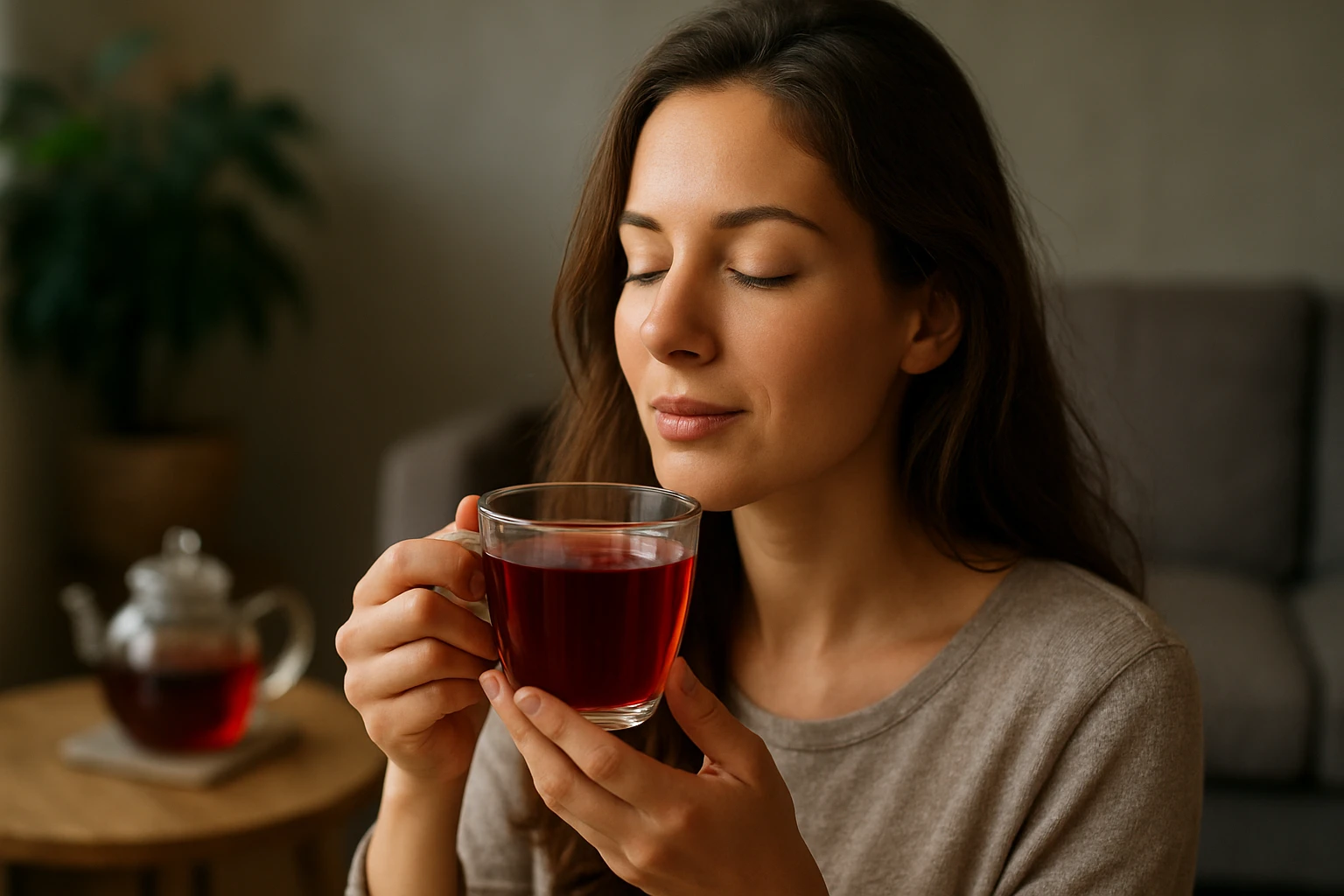 Žena vychutnávajúca si šálku červeného čaju v útulnom prostredí.