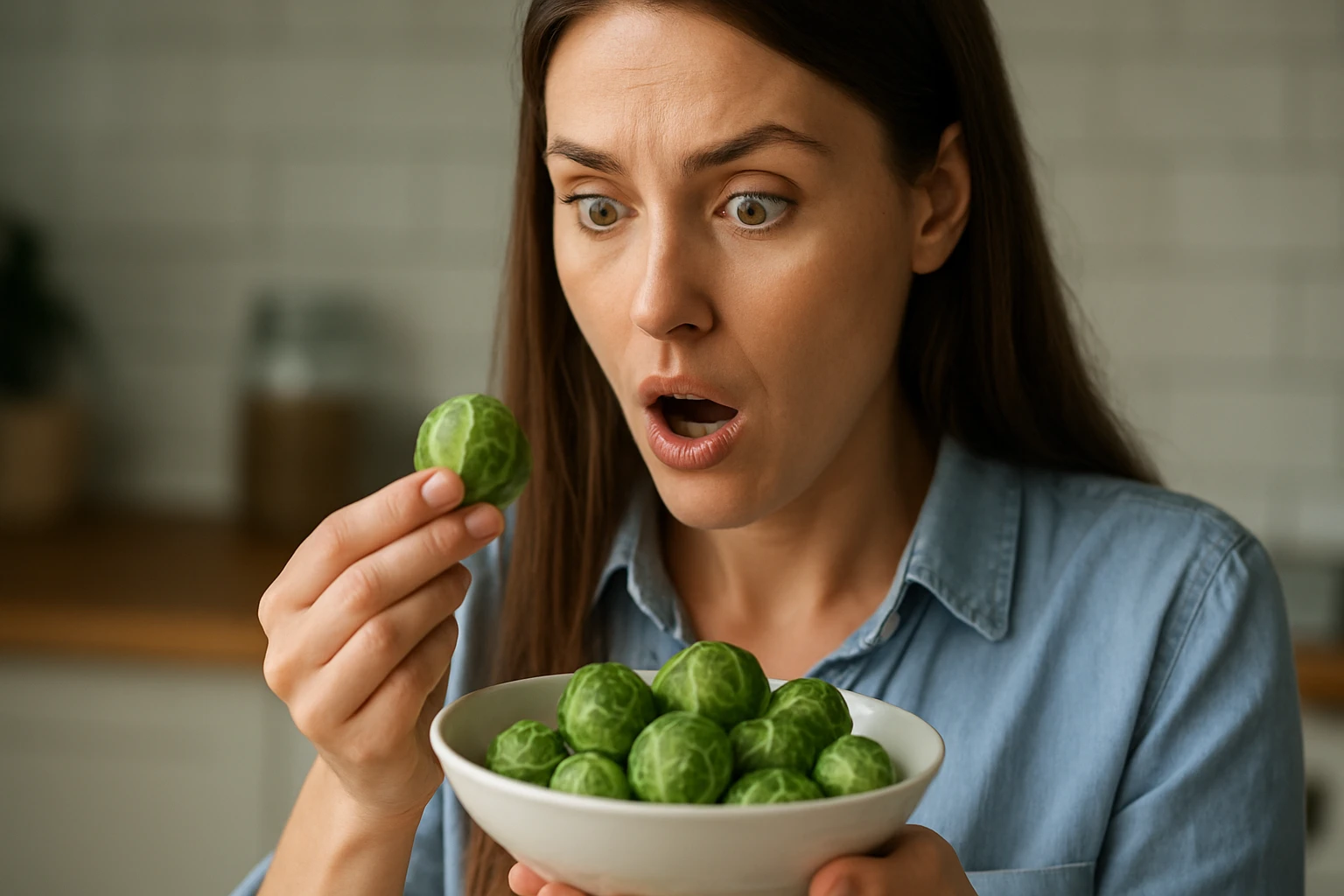 Žena prekvapená zdravými výhodami ružičkového kelu.