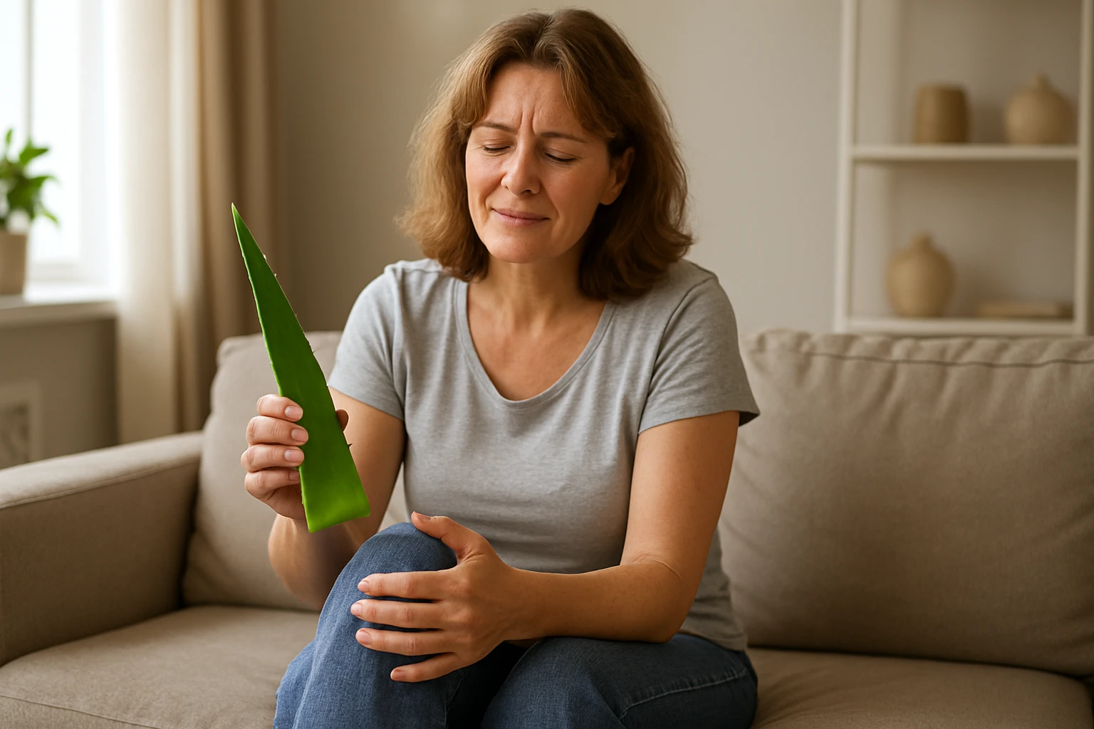 Žena s aloe vera, vyjadrujúca úľavu od bolesti kĺbov.