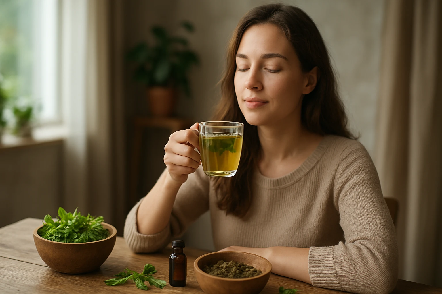 Žena s bylinkovým čajom z Herbafulva a prírodnými surovinami.