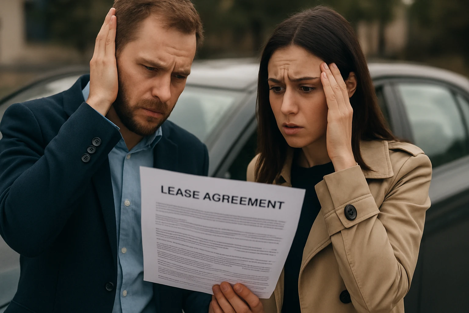 Pár skúma zmluvu o prenájme auta s obavami v tvárach.