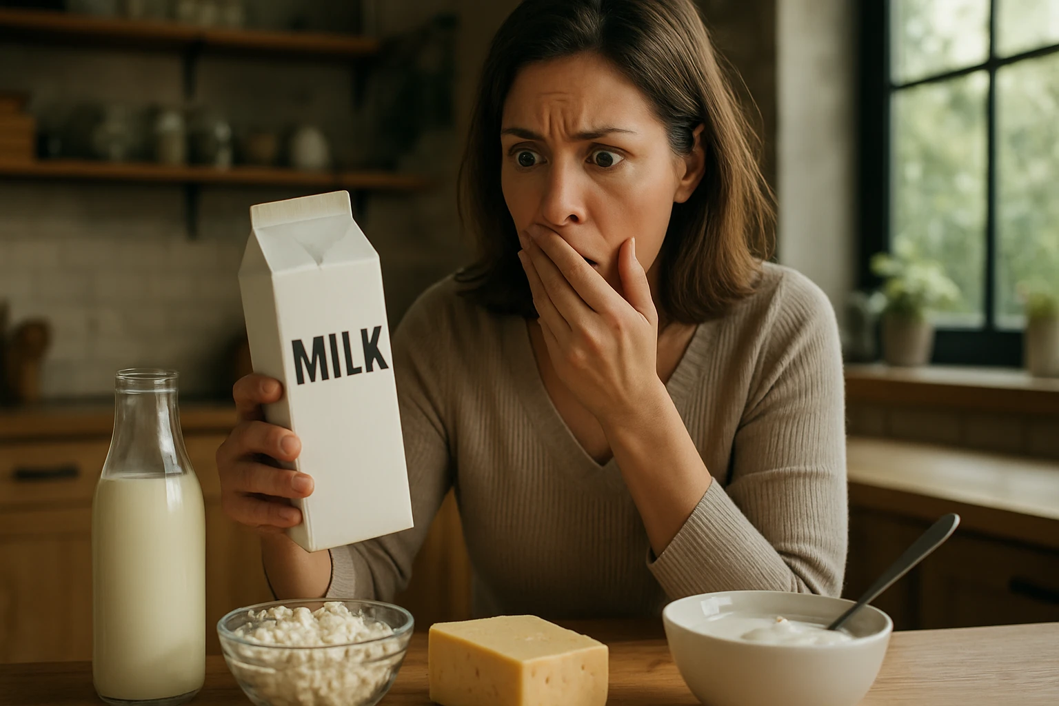 Žena s prekvapeným výrazom pozerá na tetrapak mlieka.