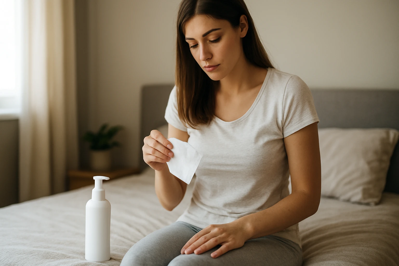 Žena sa stará o intímnu hygienu s čistiacim prípravkom.