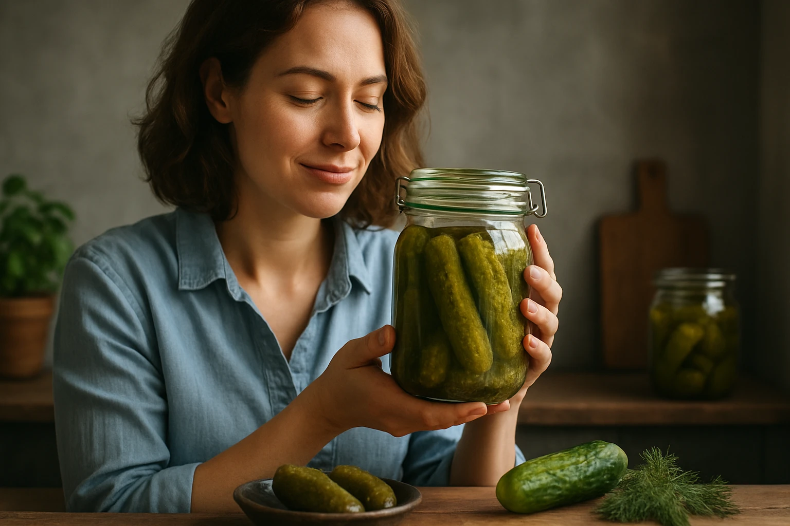 Žena s nádobou kvasených uhorkov a zdravou zeleninou