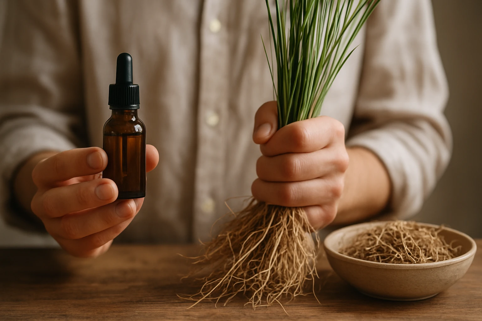 Fľaša vetiverového oleja a koreňová bylinka vetiveru