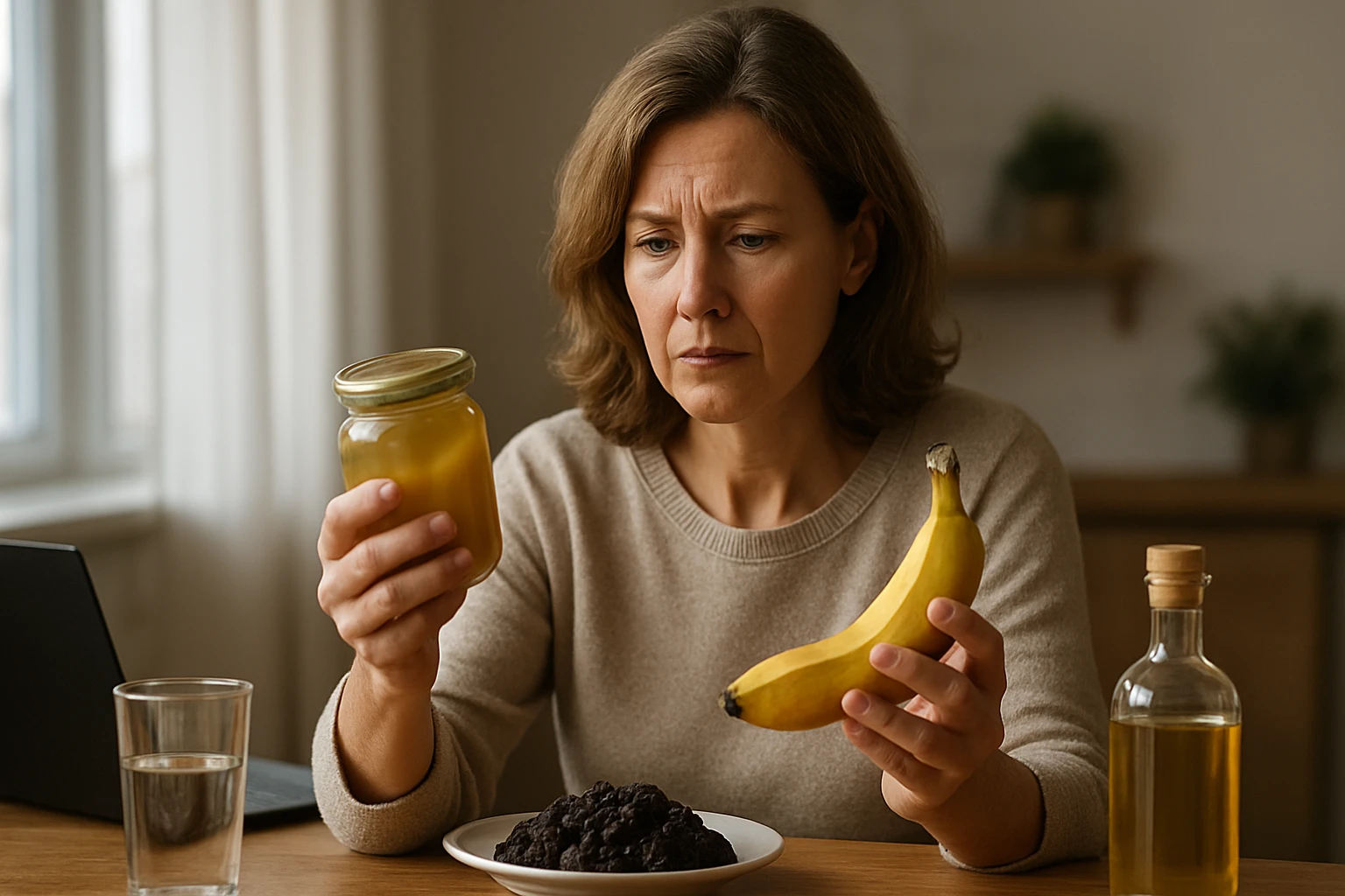 Žena skúma pohár s konzervačným prostriedkom a banánom, premýšľa o zdraví.