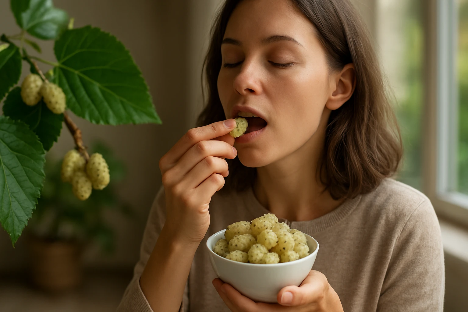 Žena si vychutnáva bielu morušu z misky s ovocím