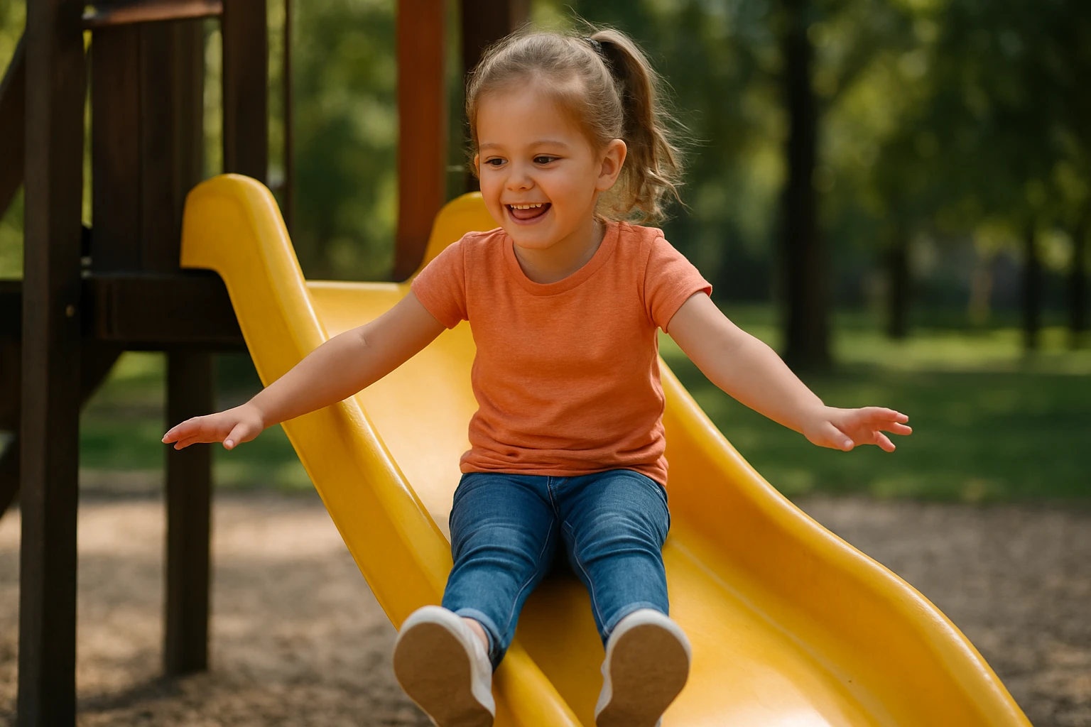 Dieťa sa smeje na šmykľavke na ihrisku
