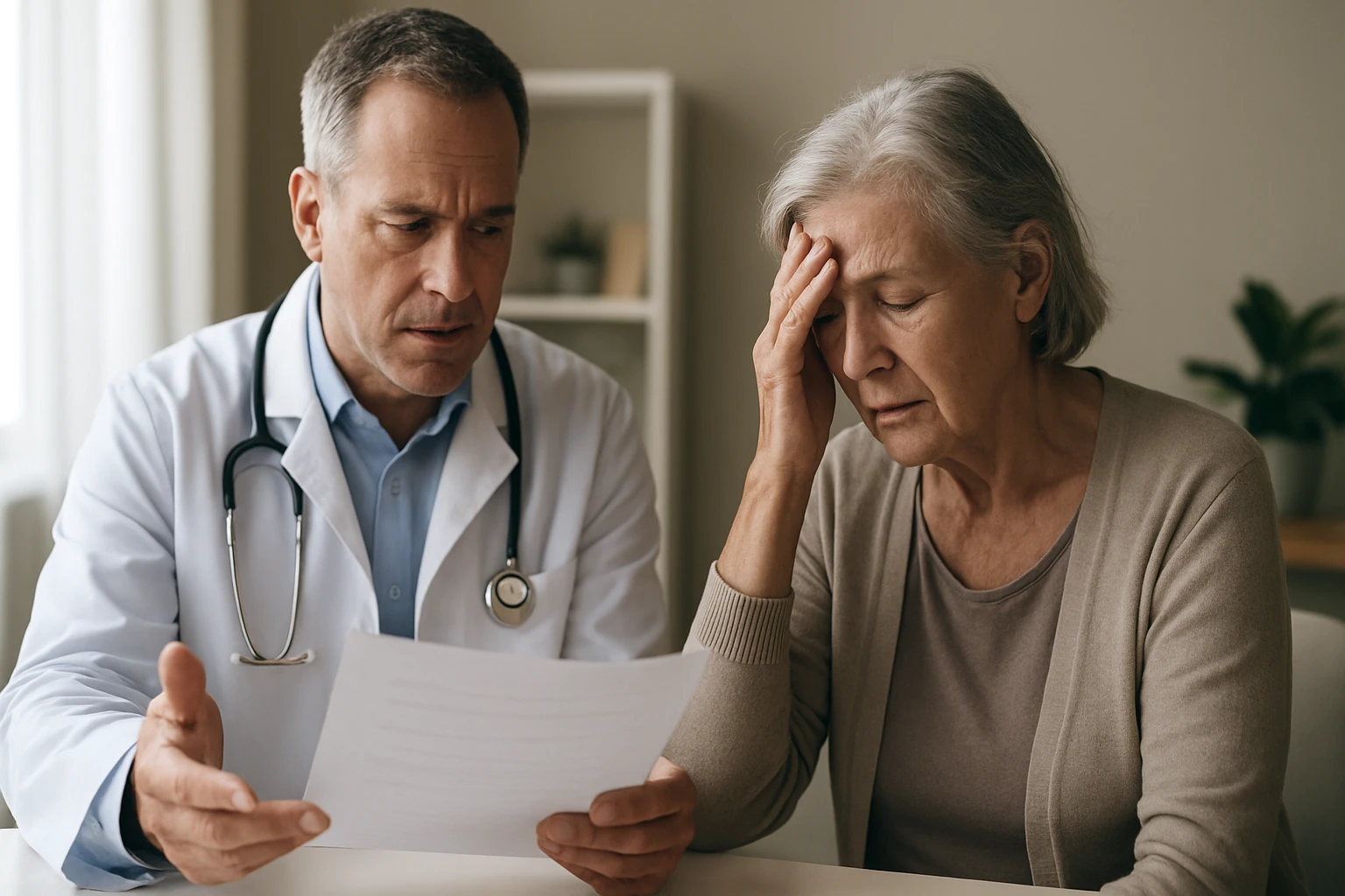 Lekár konzultuje výsledky so staršou pacientkou s obavami o zdravie.