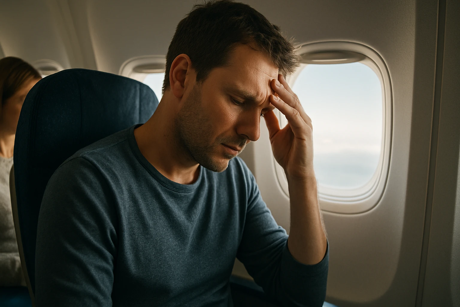Muž trpiaci bolesťou hlavy počas letu v lietadle.