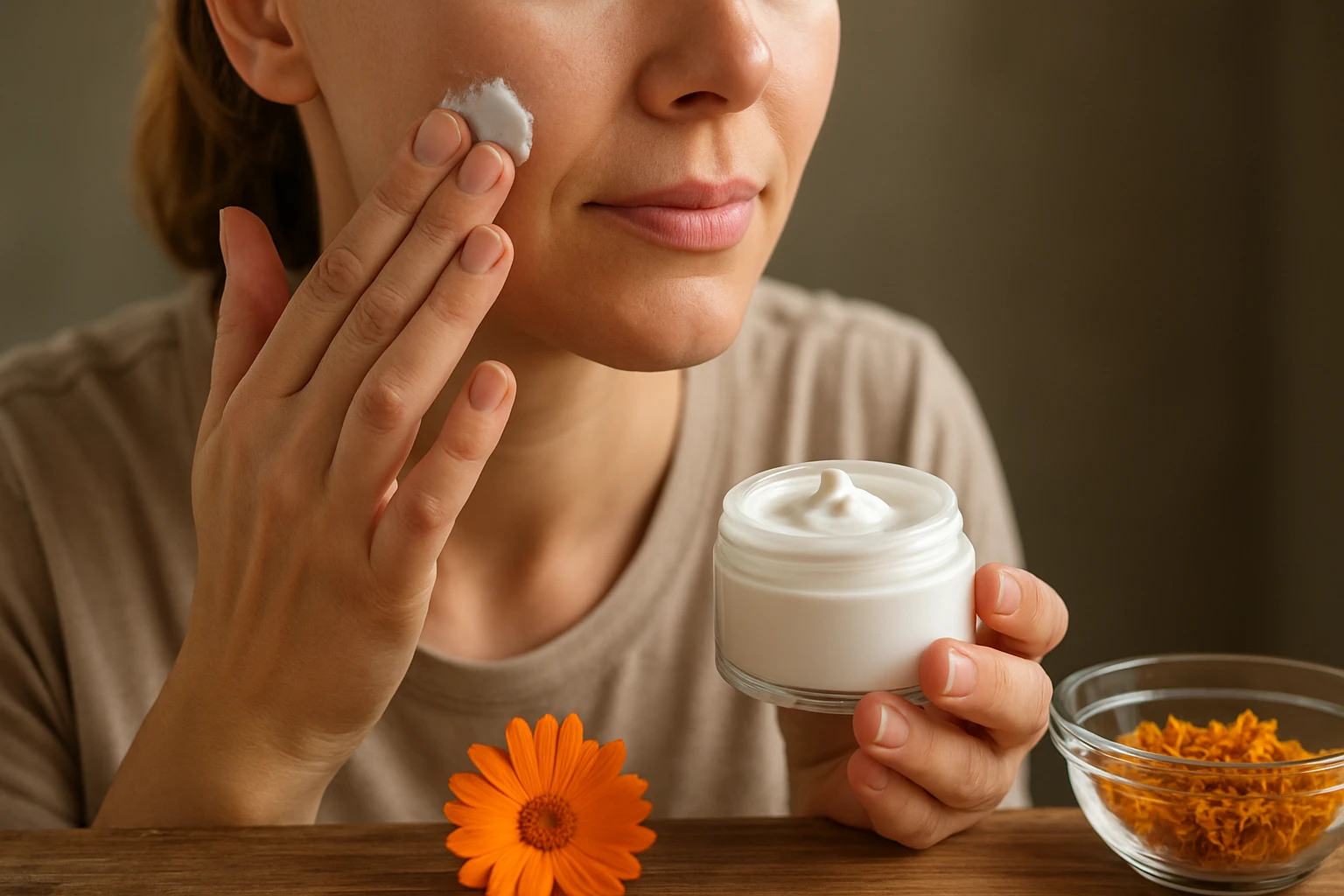 Žena nanáša nechtíkový krém na pleť s kvetom nechtíka vedľa