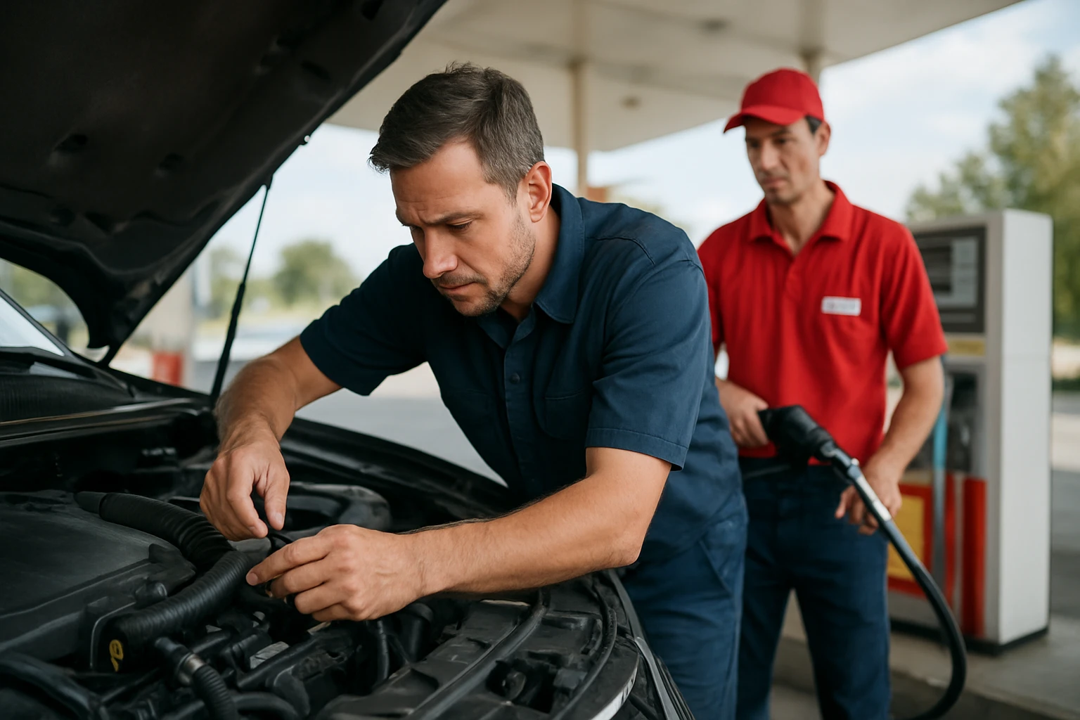 Mechanik kontroluje motor auta na benzínovej pumpe.