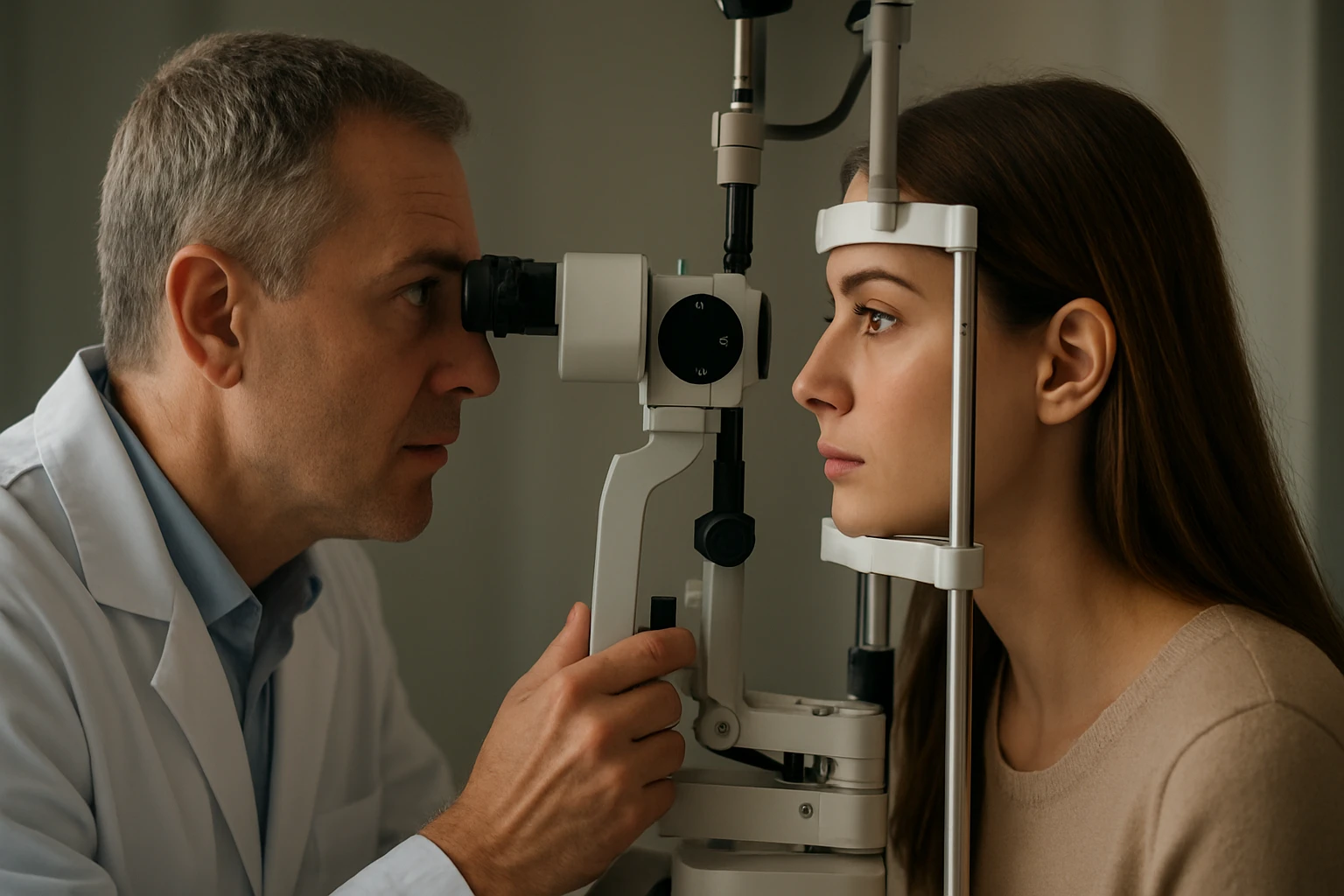 Oftalmolog vyšetruje ženu pomocou optického zariadenia.