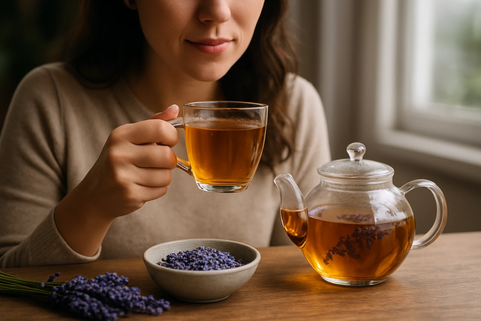 Žena vychutnáva levanduľový čaj s čajníkom a sušenou levanduľou.
