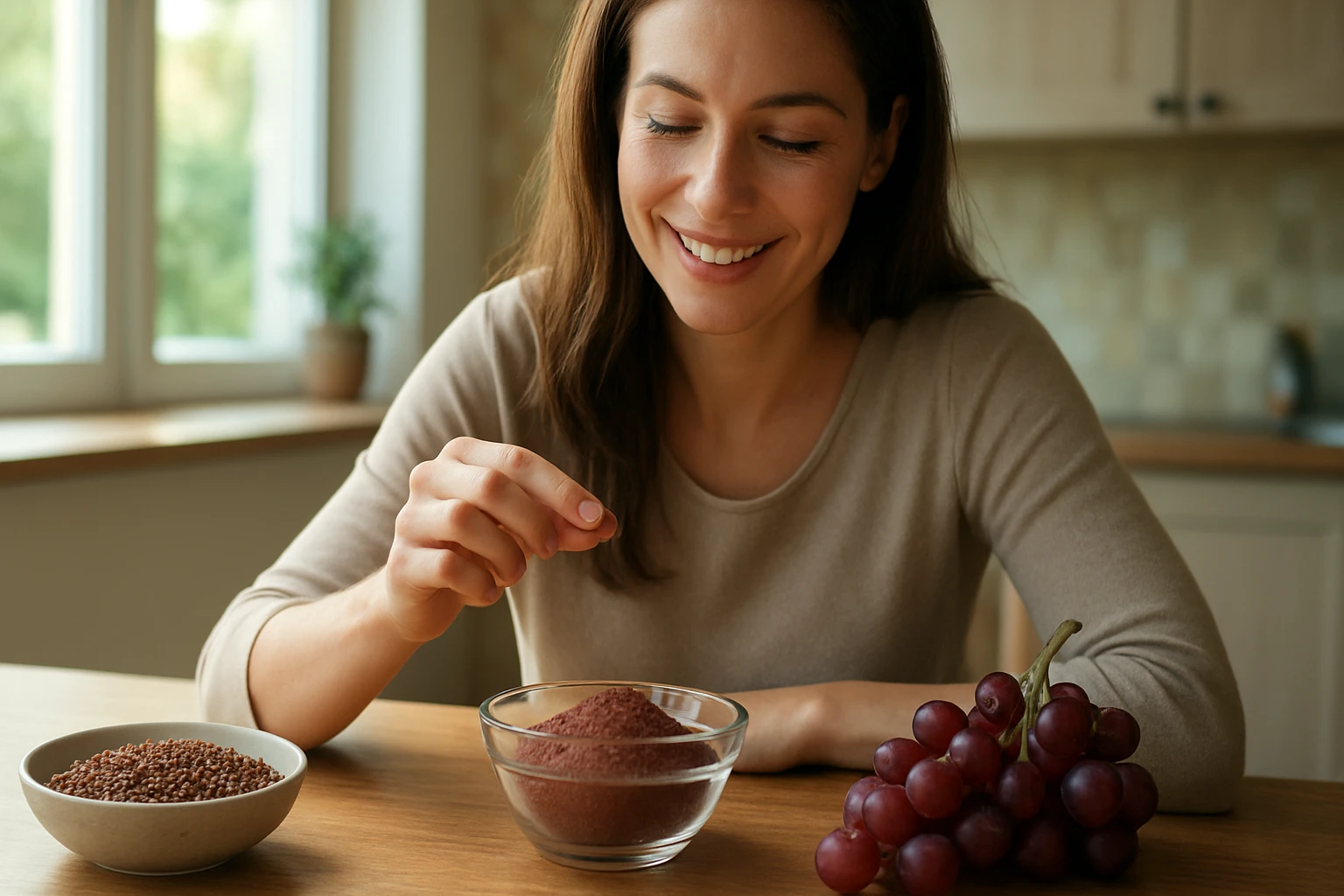 Žena s mletými červenými hroznovými jadierkami v kuchyni