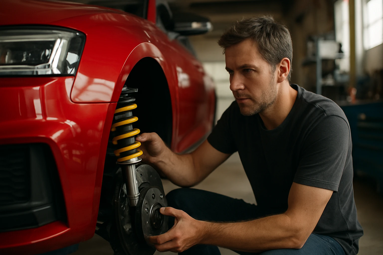 Mechanik inštaluje športový podvozok na červené auto.