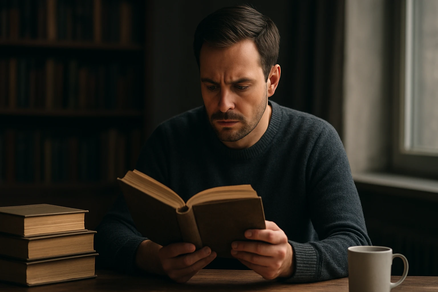 Muž číta knihu v útulnej knižnici s pohárom kávy.