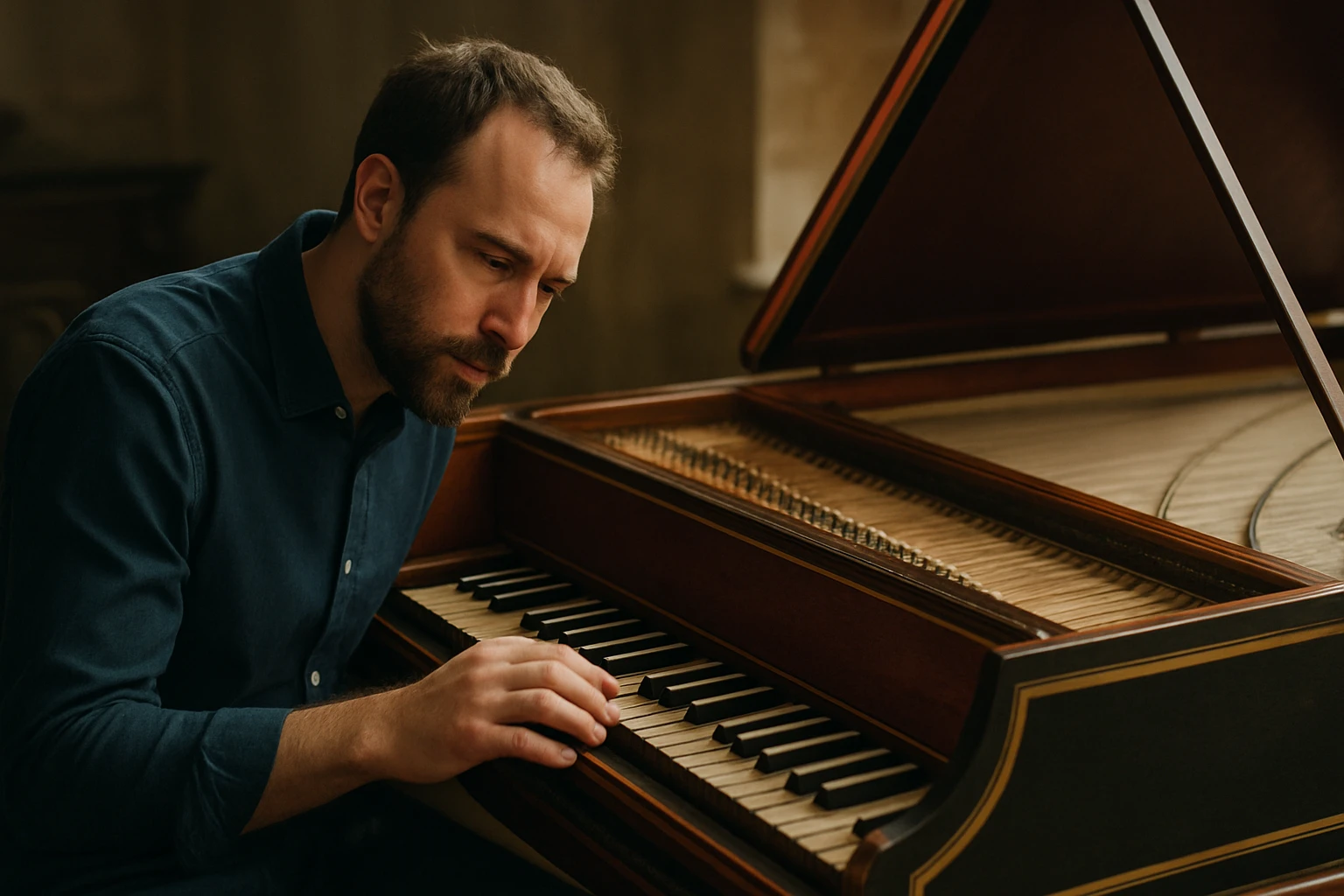 Muž hrá na cembale, historickom hudobnom nástroji.