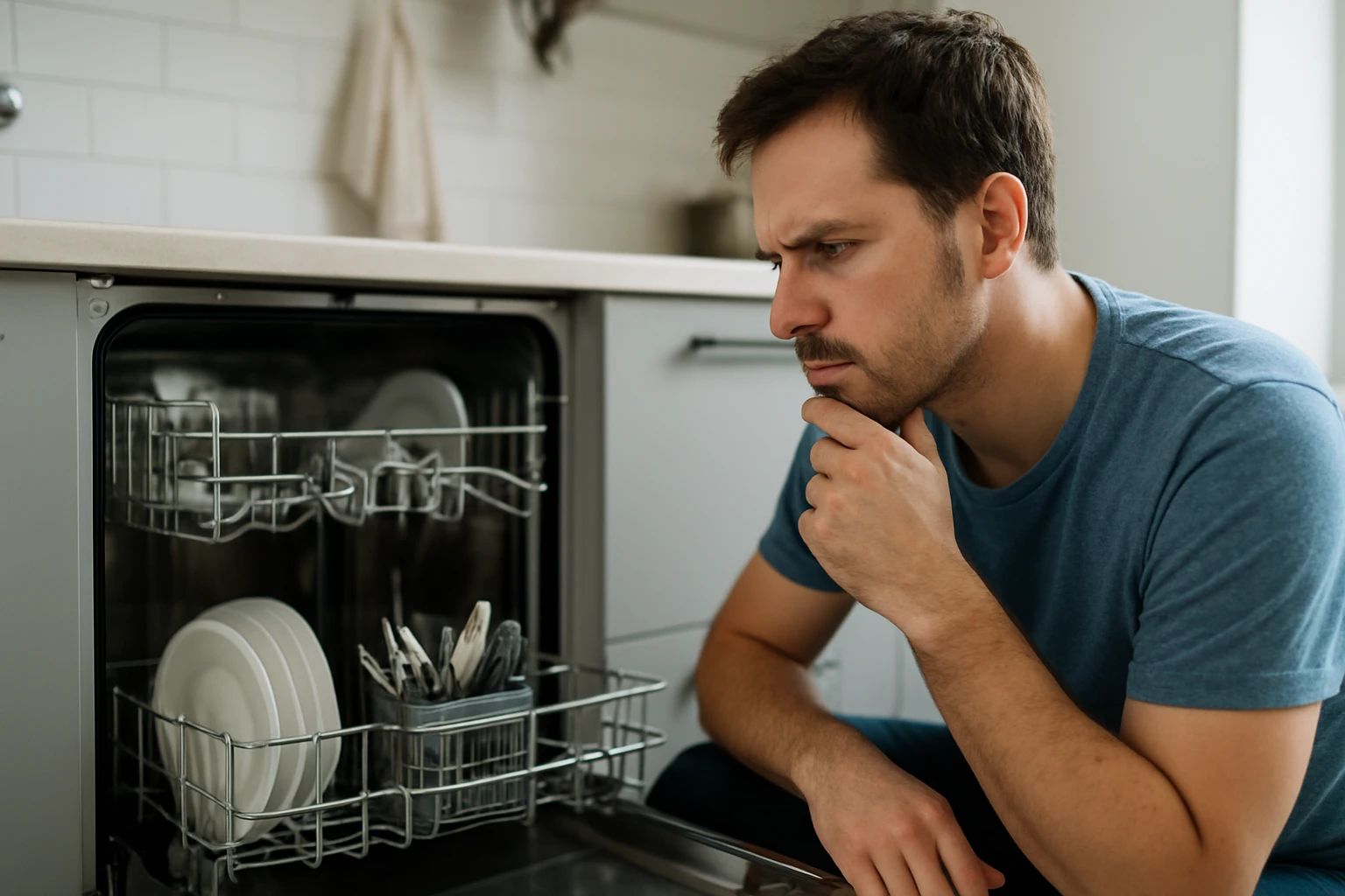 Muž premýšľa nad umývačkou riadu s riadom a príbormi.