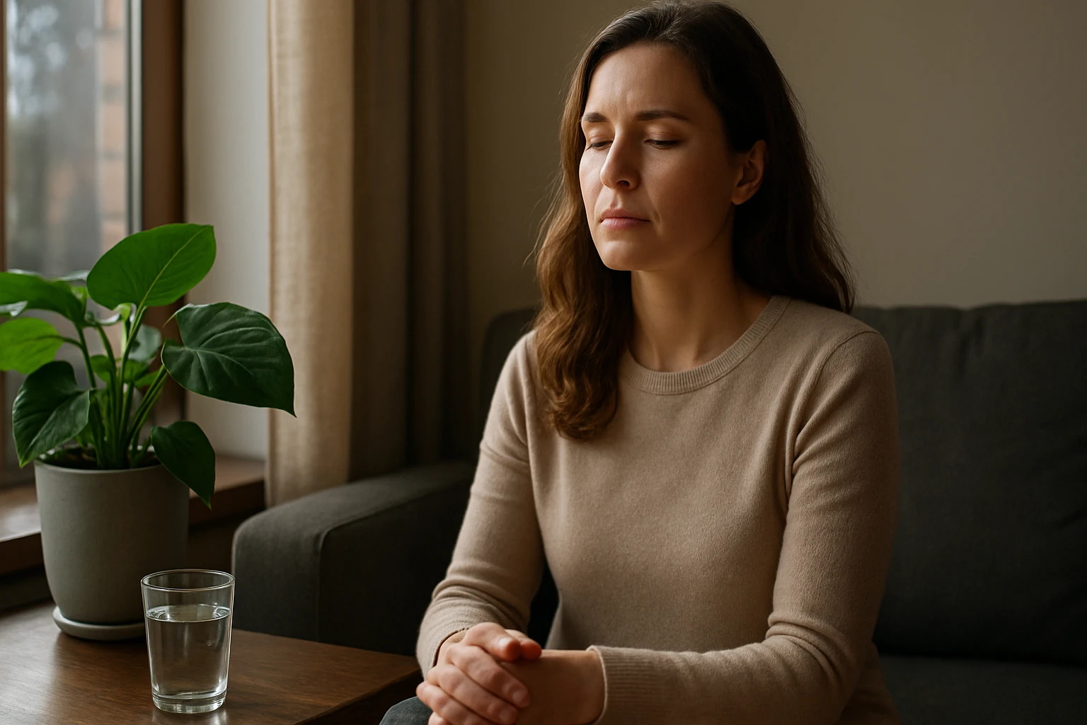 Žena meditujúca pri okne s rastlinou a vodou po ruke.