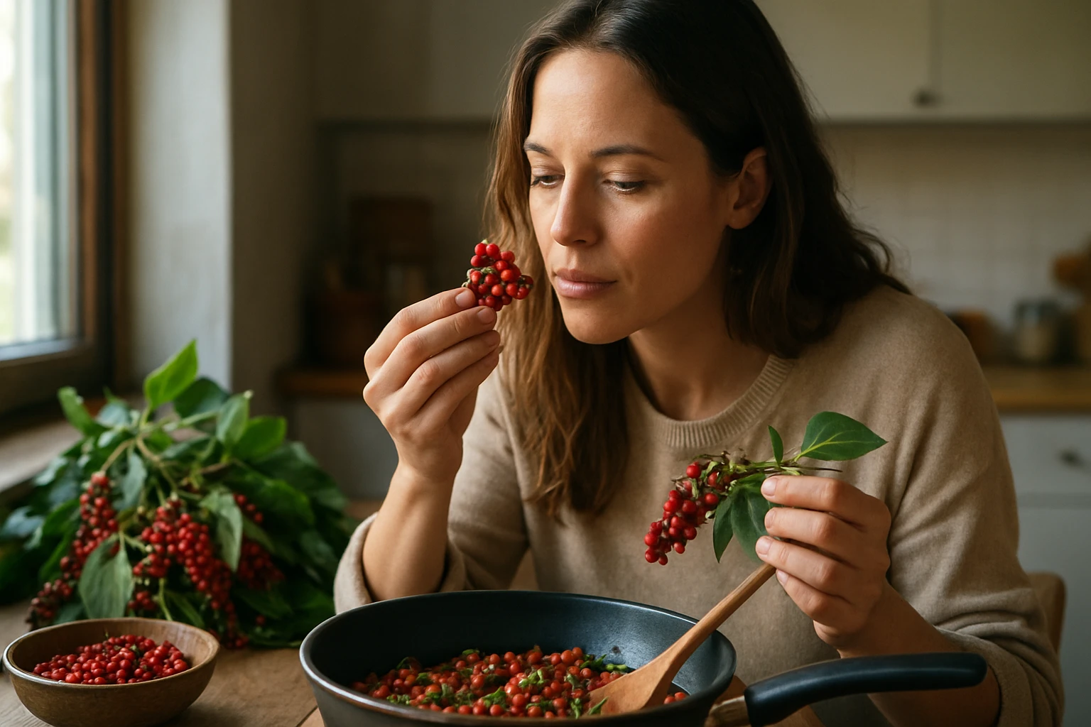 Žena skúša pimentovník, novú superpotravinu, v kuchyni.
