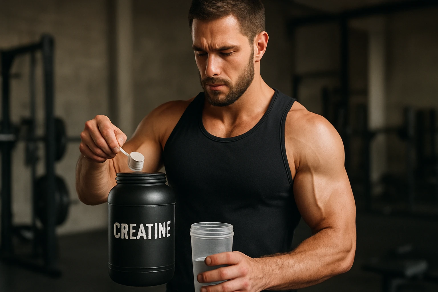 Muž mieša kreatín v športovej telocvični na zlepšenie výkonu.