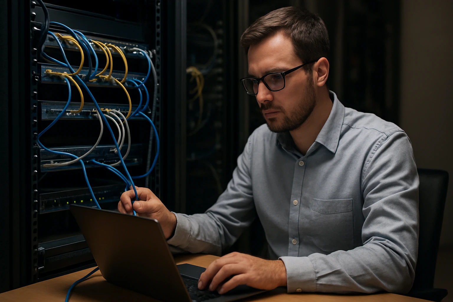 Expert working on networking equipment in a server room.