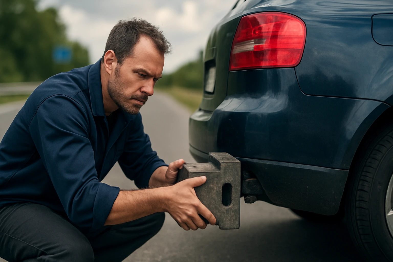 Muž kontroluje kormányvégsúly na osobnom aute na ceste.