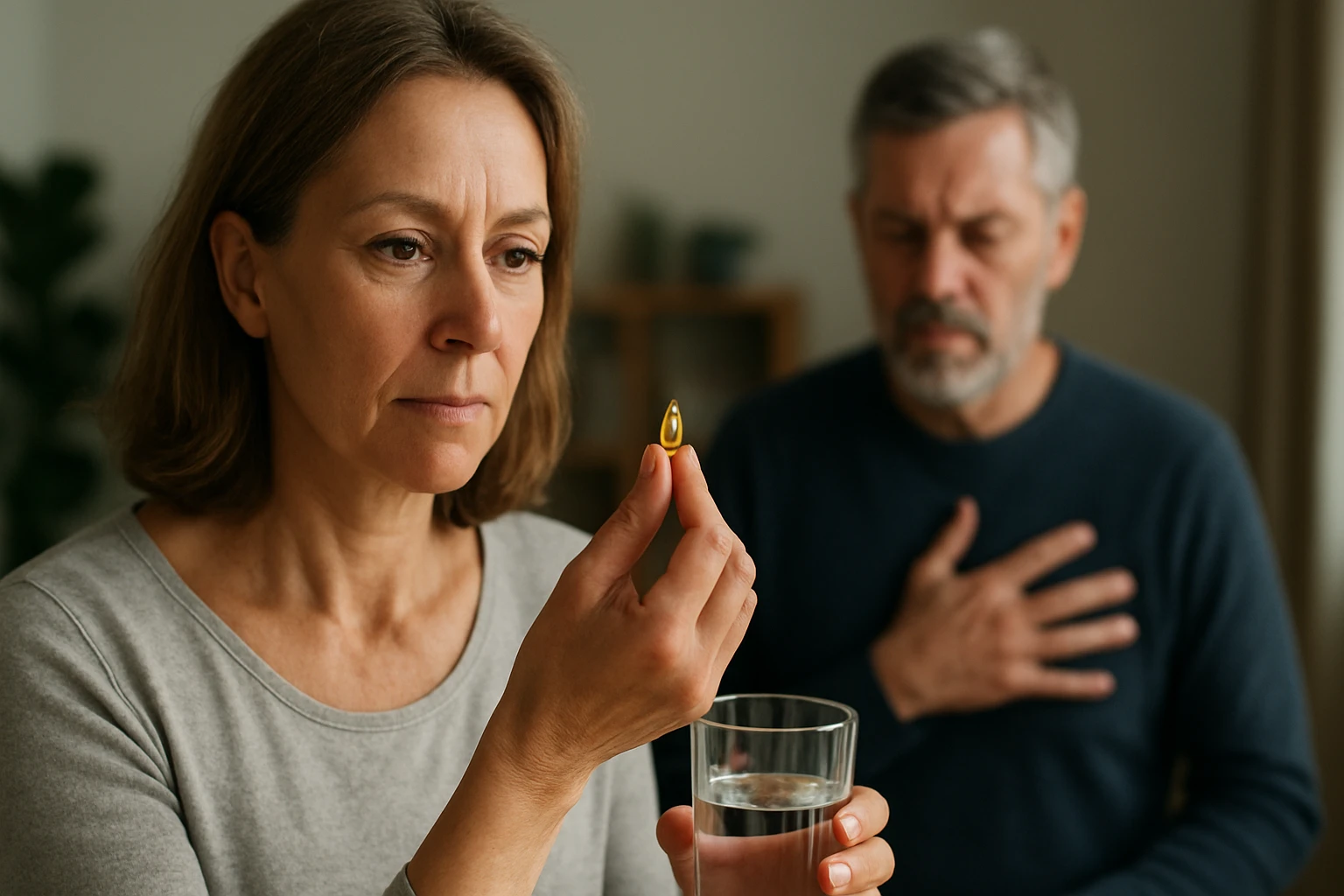 Žena s vitamínom K2 a pohárom vody, starajúca sa o zdravie kostí a srdca