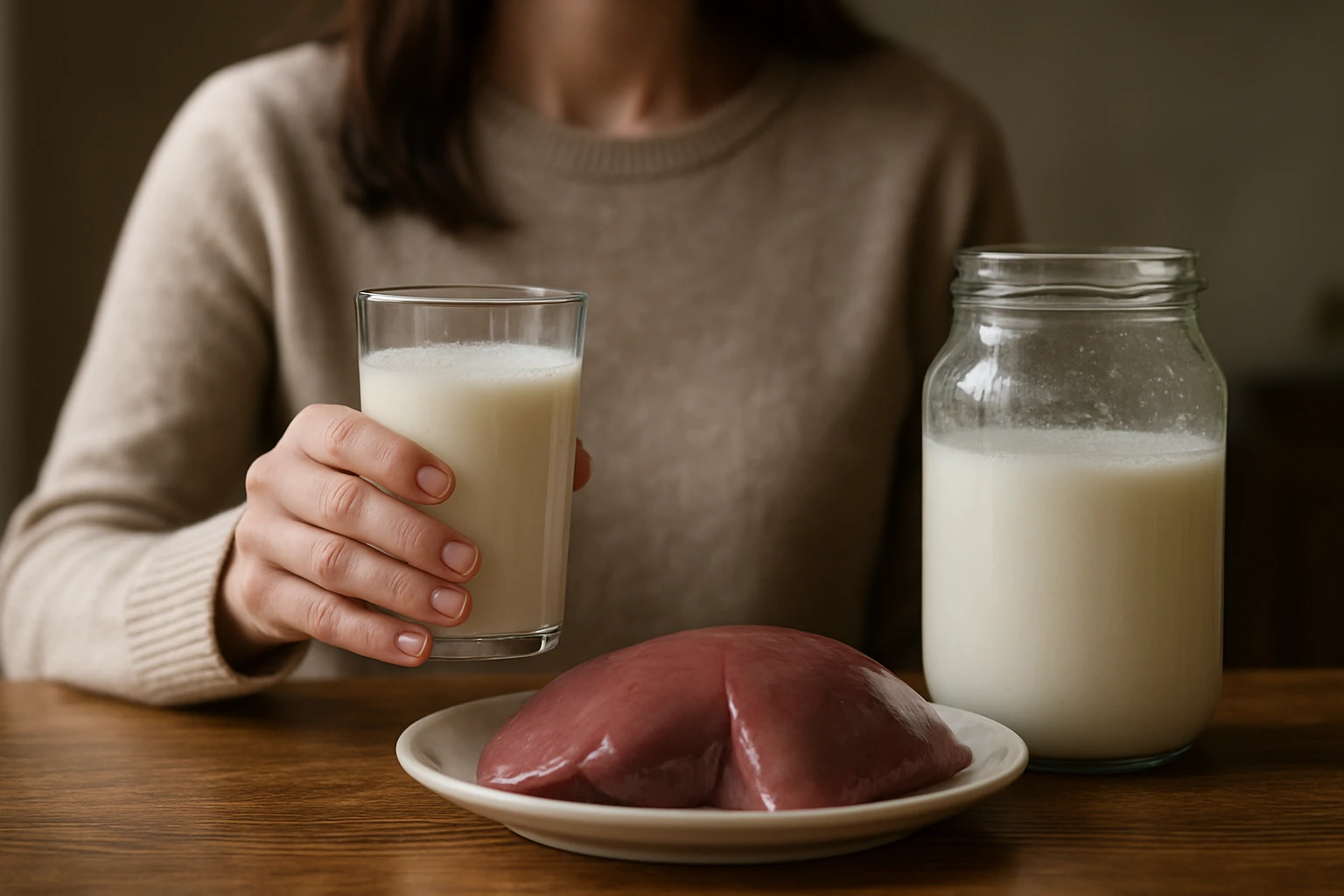 Miska kefíru a sklenica kefíru na stole vedľa pečene