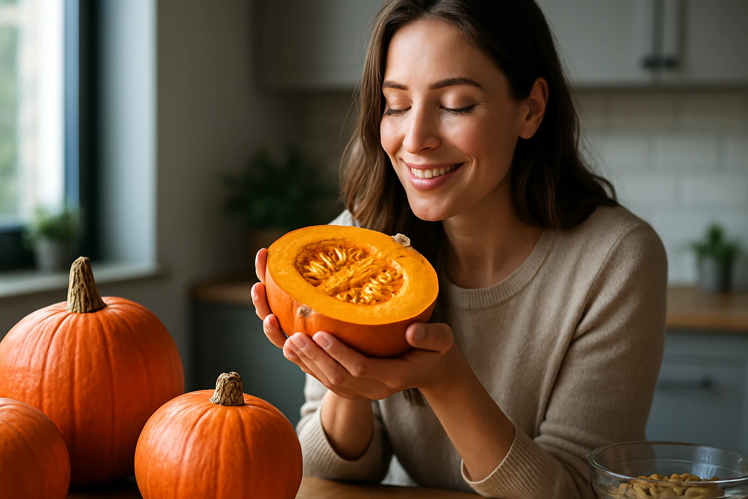 Žena s tekvicou, objavujúca jej nutričné výhody a využitie.