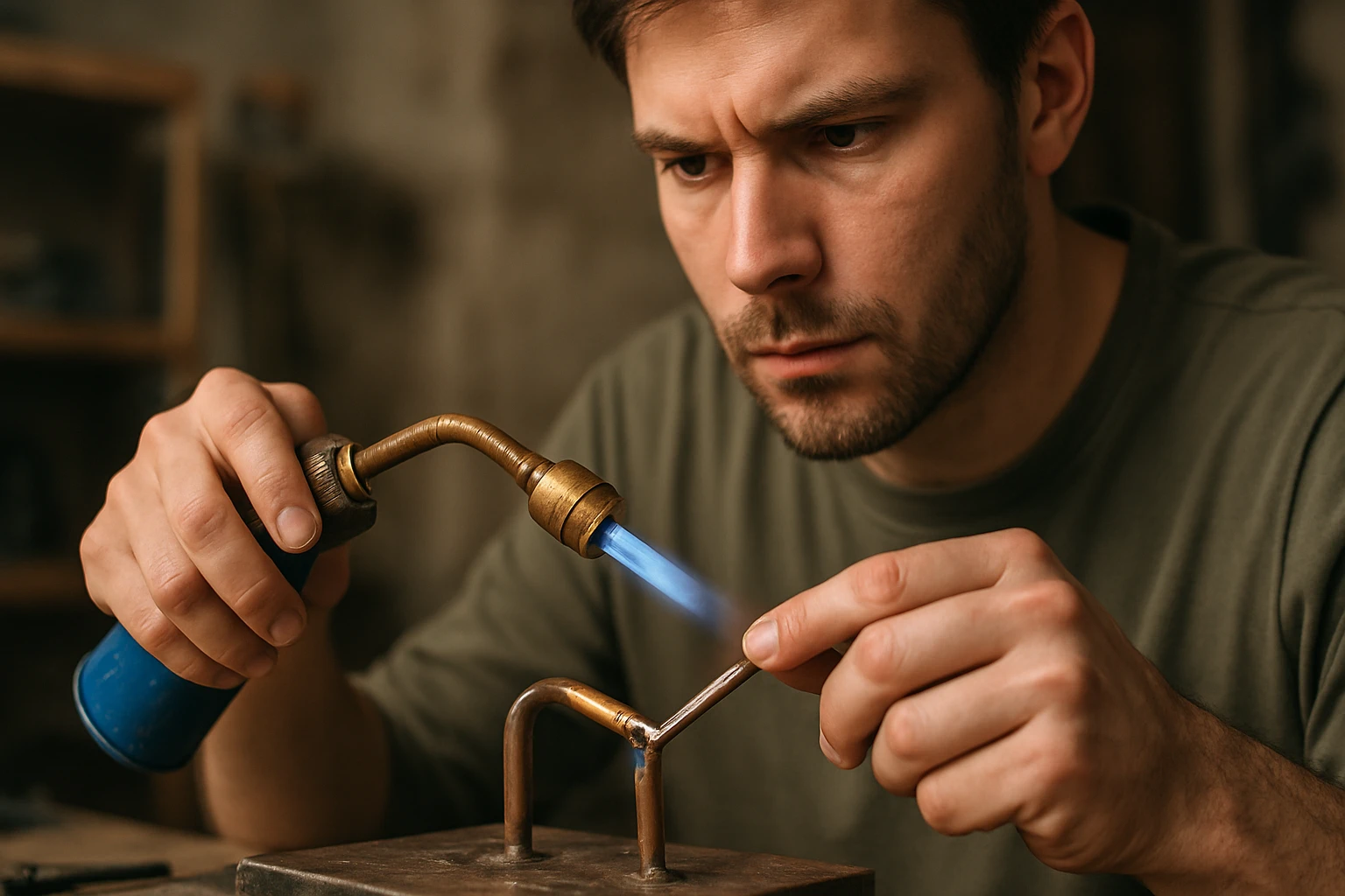 Muž s benzínovou spájkovacou lampou pracuje na spájkovaní