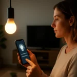 Žena ovládajúca inteligentnú žiarovku pomocou mobilného telefónu.