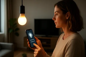 Žena ovládajúca inteligentnú žiarovku pomocou mobilného telefónu.