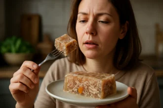 Žena skúma huspeninu na tanieri s vidlicou v ruke.