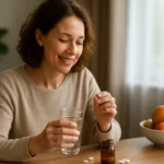 Žena s úškrnom si berie cholínové doplnky so sklennou vodou.