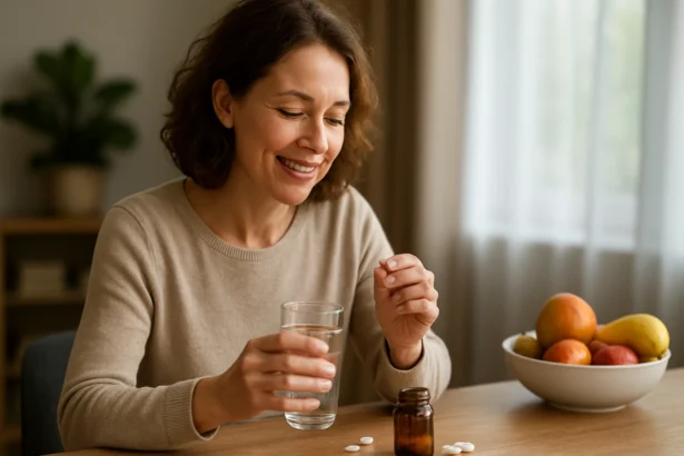 Žena s úškrnom si berie cholínové doplnky so sklennou vodou.